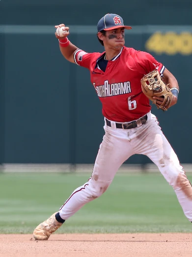 Santi Montiel throwing from shortstop, in a University of South Alabama uniform.